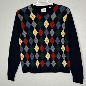 VTG 90s‎ GAP Argyle Wool Sweater Navy V Neck Preppy Ivy Dad Core Mens M Academia